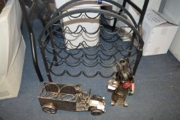 Metal Wine Rack, and Two Novelty Wine Bottle Holde