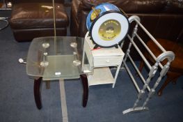 Glass Topped Table, Towel Rail, Wicker Shelf Unit,