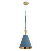 * BLUE METAL CEILING LIGHT WITH GOLD INNER AND OAKWOOD SPINDLE SUSPENSION - Brand New