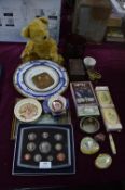 Decorative Items; Coinage Set, Plates, Teddy Bear,