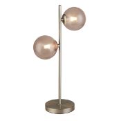 *GENOA 2 LIGHT GLOBE TABLE LAMP IN SATIN SILVER WITH BLUSH PINK SHADES, 45.5CM HIGH. 2 X 7W. - Bran