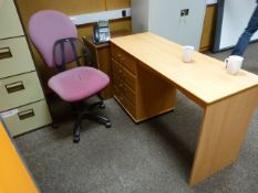 *Kneehole Desk with Left-Hand Drawer Pedestal in Light beech Finish, and a Typist Swivel Chair (pink