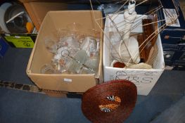 Two Boxes of Brassware, Lamps, Table Mats, etc.