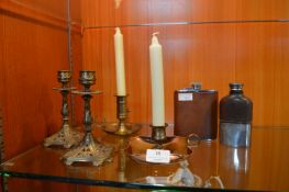 Brass & Copper Candlesticks and Two Hip Flasks