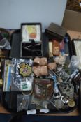 Tray Lot of Collectibles, Badges, Coins, etc.