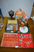 Plated Cutlery Sets, Recorder, Cookie Jar, Books,