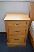 Oak Veneer Three Drawer Bedside Cabinet