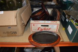 *Box of ~10 Cast Iron Sizzler Pans with Wooden Boa