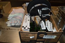 Box of Bar Utensils, Shot Glasses, Cling Film, Res