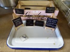 *5 Small Enamel Trays, and a Small Crate of Wooden