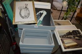 2 Wooden Baskets (grey), and 6 Prints