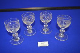 Four Georgian Hand Blown Etched Wine Glasses