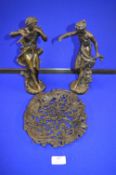 Pair of Spelter Figures and a Cast Iron Plaque