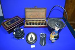 Basket of Collectible; Abacus, Silhouette, Fishing Reel, etc.