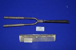 Curling Tongs with Hallmarked Sterling Silver Handles plus Silver Mounted Comb