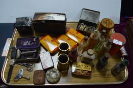 Tray Lot of Collectibles; Old Tins, Bottles, etc.