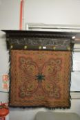 Carved Oak Coat Rack and Tapestry Wall Cloth (AF)