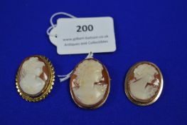 Three 9k Gold Cameo Brooches