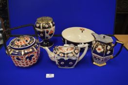 Five Crown Derby Pieces; Biscuit Barrel, Teapots, Bowl, etc.