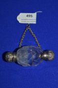 Double Cut Glass Scent Bottle with Unmarked Silver Caps and Chain