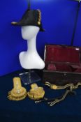 Early 20th Century Royal Navy Lt. Commander's Bicorn Hat with Epaulettes, Belt and Toleware Tin