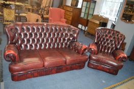Red Leather Chesterfield Three Seat Sofa and Matching Armchair