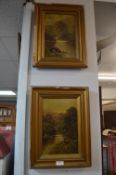 Pair of Gilt Framed Victorian Oil and Canvas Mountainscapes with Indistinct Signature