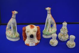 Pair of Staffordshire Hare Hounds plus Spaniel Moneybox, an Three Three Floral Blue Anchor Pots