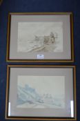 Two Framed Sepia Tone Watercolours of Bridlington and Whitby by Louisa & Charlotte Holt circa 1840