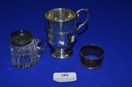 Hallmarked Silver Cup plus Napkin Ring, and Silver Lidded Glass Mustard Pot