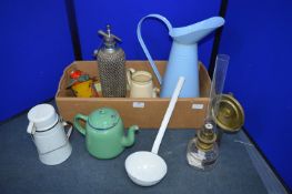 Enamel Jugs, Oil Lamp, etc.
