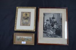 Framed Stevengraph Hunting Scene, Silk Picture of Queen Victoria, and a Nursery Scene