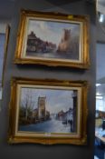 Pair of Gilt Framed Oil on Board Painting of Sutton Village by Tony Dempsey