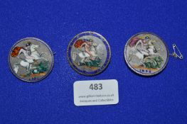 Three Enameled Silver Victorian and Georgian Coins with Brooch Fittings ~79g gross
