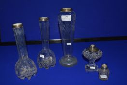 Five Cut Glass Vases etc. with Hallmarked Silver Rims