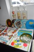 Vintage Breweriana; Unused Babycham Tea Towels, Hull Brewery and Other Trays, Whiskey Bottles, etc.