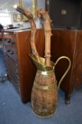 Brass Bound Large Wooden Jug and Two Walking Sticks