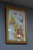 Victorian Framed Painted Glass Panel of Birds and Flowers