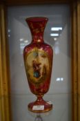 Victorian Cranberry Glass Vase with Gilded Decoration and Hand Painted Porcelain Plaque