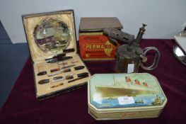 Collectible Tins, Blowtorch, and Manicure Set