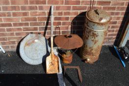 Metal Barrel, Shovel, Lamp, etc.
