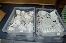 Two Storage Boxes of White Dinnerware