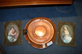 Copper Hot Water Bottle and Two Metal Framed Pictu