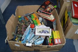 Box of Assorted Playworn Toys Including Corgi, Mat