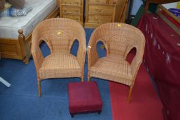 Two Cane Conservatory Chairs and Footstool