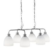* Height adjustable 6 light ceiling pendant, ideal for a living room, kitchen, or dining room. Satin
