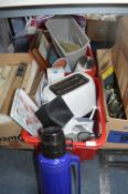 Two Storage Tubs of Toasters, Flasks, Irons, etc.