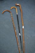 Three Walking Sticks Including One with Silver Fer