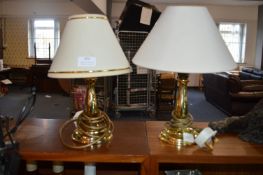 Pair of Brass Table Lamps with Green Shades