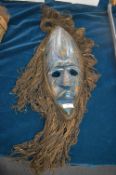 Blue Painted Carved Wooden Ethnic Wall Mask with H